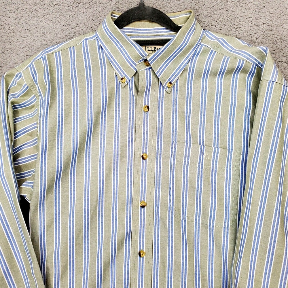 LL Bean Shirt Men Medium Green Blue White Stripe Button Monogram "RB" VTG